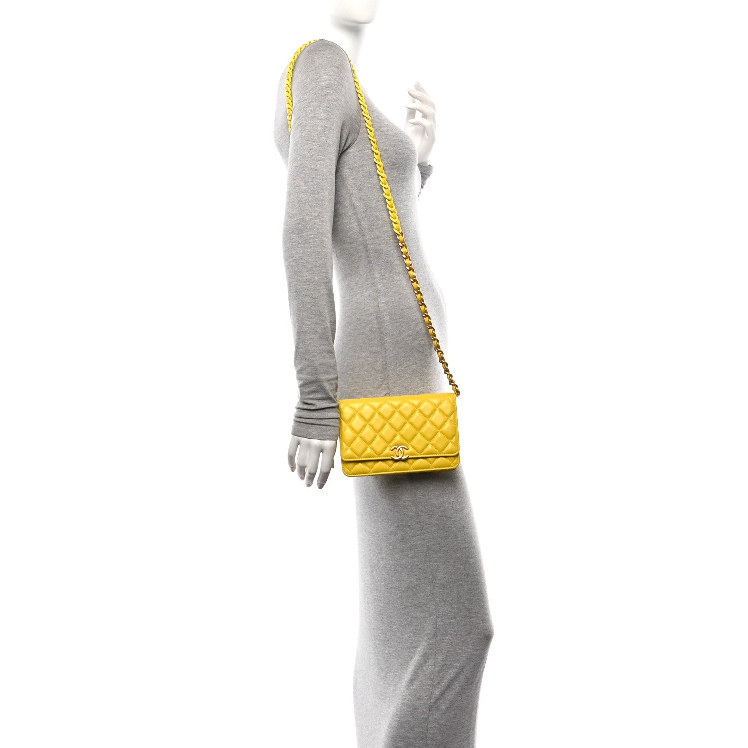 Chanel Lambskin Resin Quilted Wallet On Chain WOC Yellow 2 of 11
