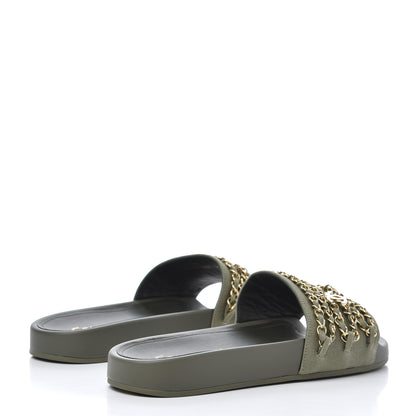 Chanel Canvas Chain Flat Sandals 39 Khaki 4 of 9