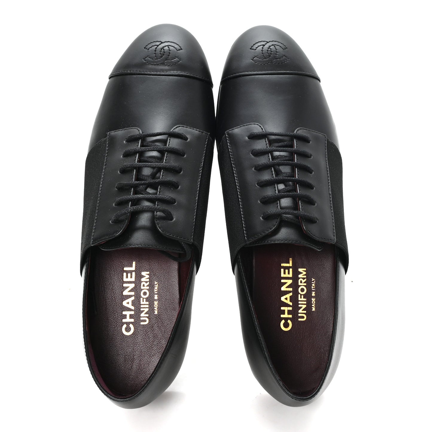 Calfskin Elastic Lace Up Cap Toe CC Loafers 37.5 Black
