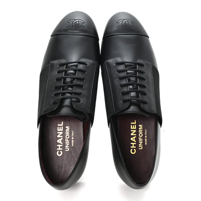 Chanel Calfskin Elastic Lace Up Cap Toe CC Loafers 37.5 Black 2 of 9