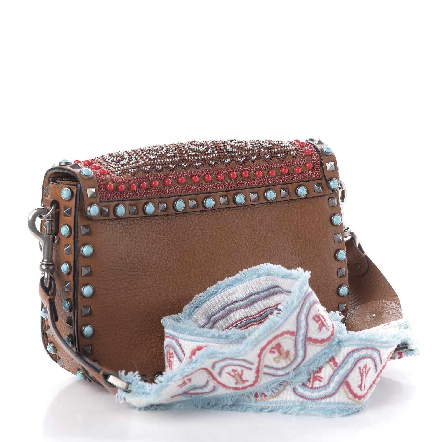 Valentino Garavani Calfskin Embroidered Medium Guitar Strap Rockstud Rolling Flap Saddle Bag Light Cuir 3 of 9