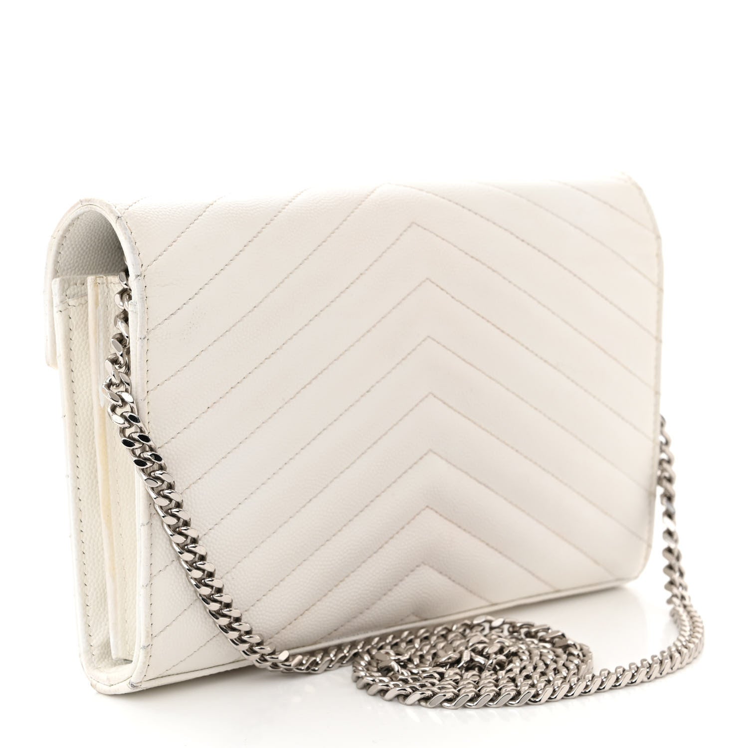 Saint Laurent Grain De Poudre Matelasse Chevron Monogram Chain Wallet White 3 of 12