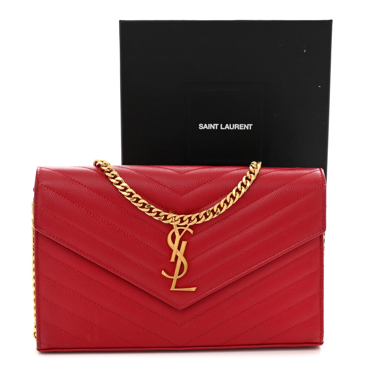 Grain De Poudre Matelasse Chevron Monogram Chain Wallet New Red