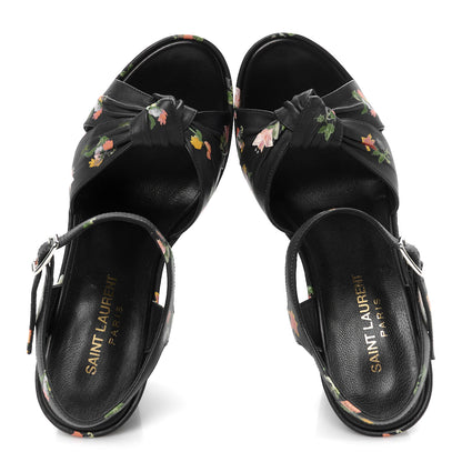 Saint Laurent Nappa Calfskin Grunge Flower Printed Candy 85 Platform Wedge Sandals 37.5 Black Multicolor 2 of 10