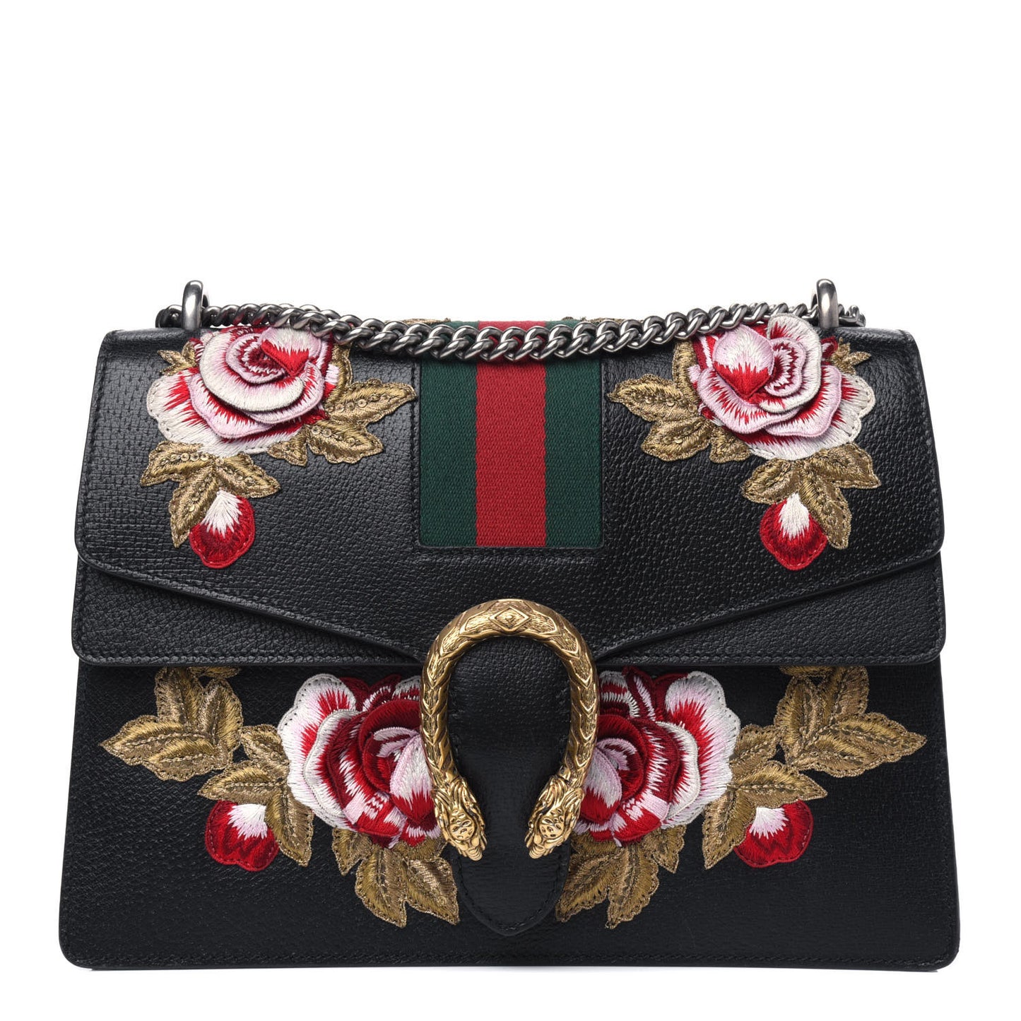 Calfskin Web Floral Embroidered Medium Dionysus Shoulder Bag Black