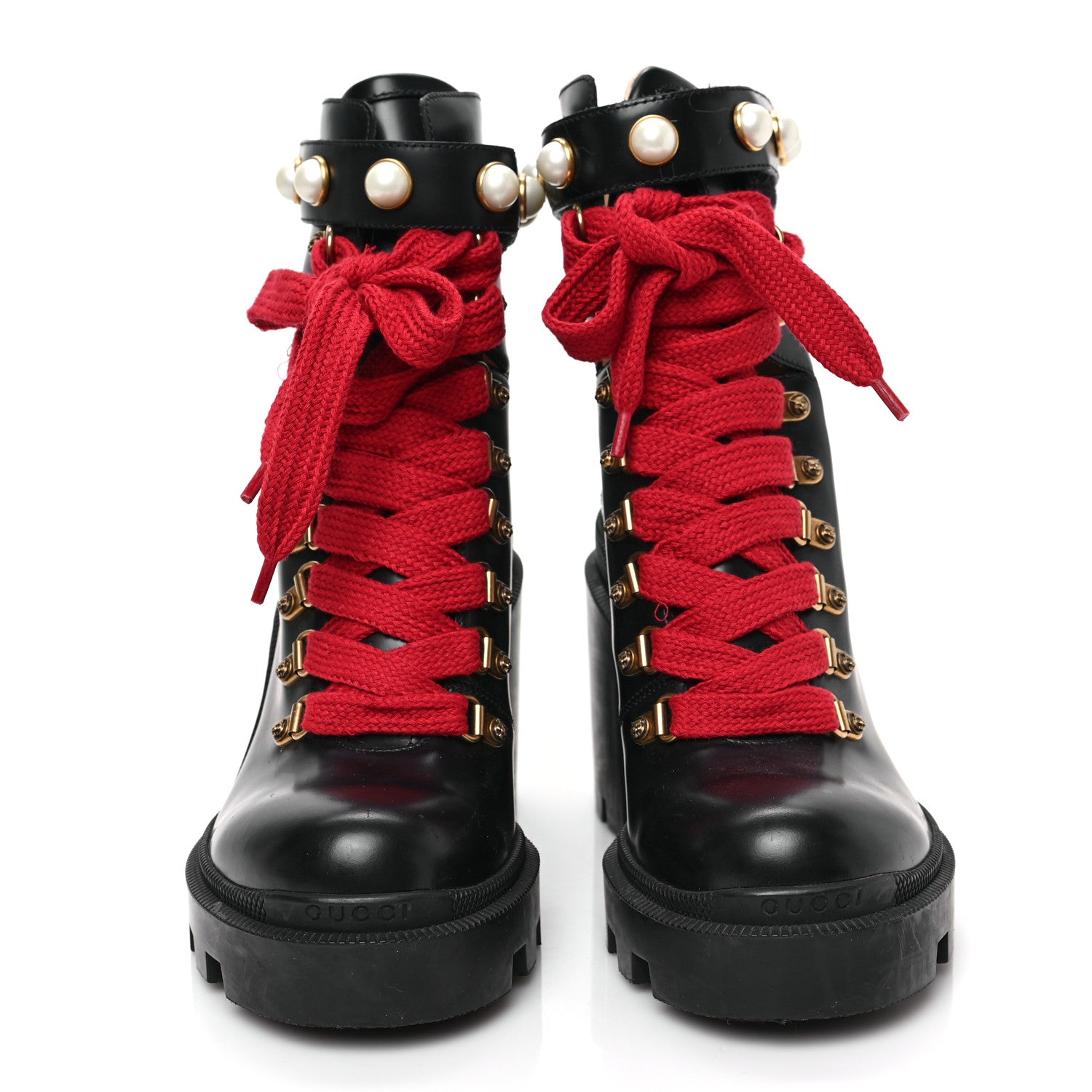Gucci Magnum Calfskin Pearl Lace Up Combat Ankle Boots 37.5 Black 2 of 8
