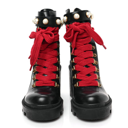 Gucci Magnum Calfskin Pearl Lace Up Combat Ankle Boots 37.5 Black 2 of 8