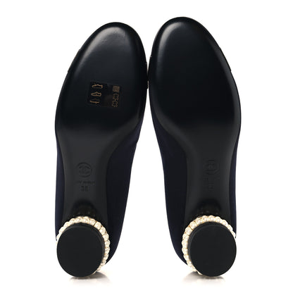 Chanel Satin Pearl Cap Toe Low Heel Pumps 38 Navy Blue Black 6 of 10