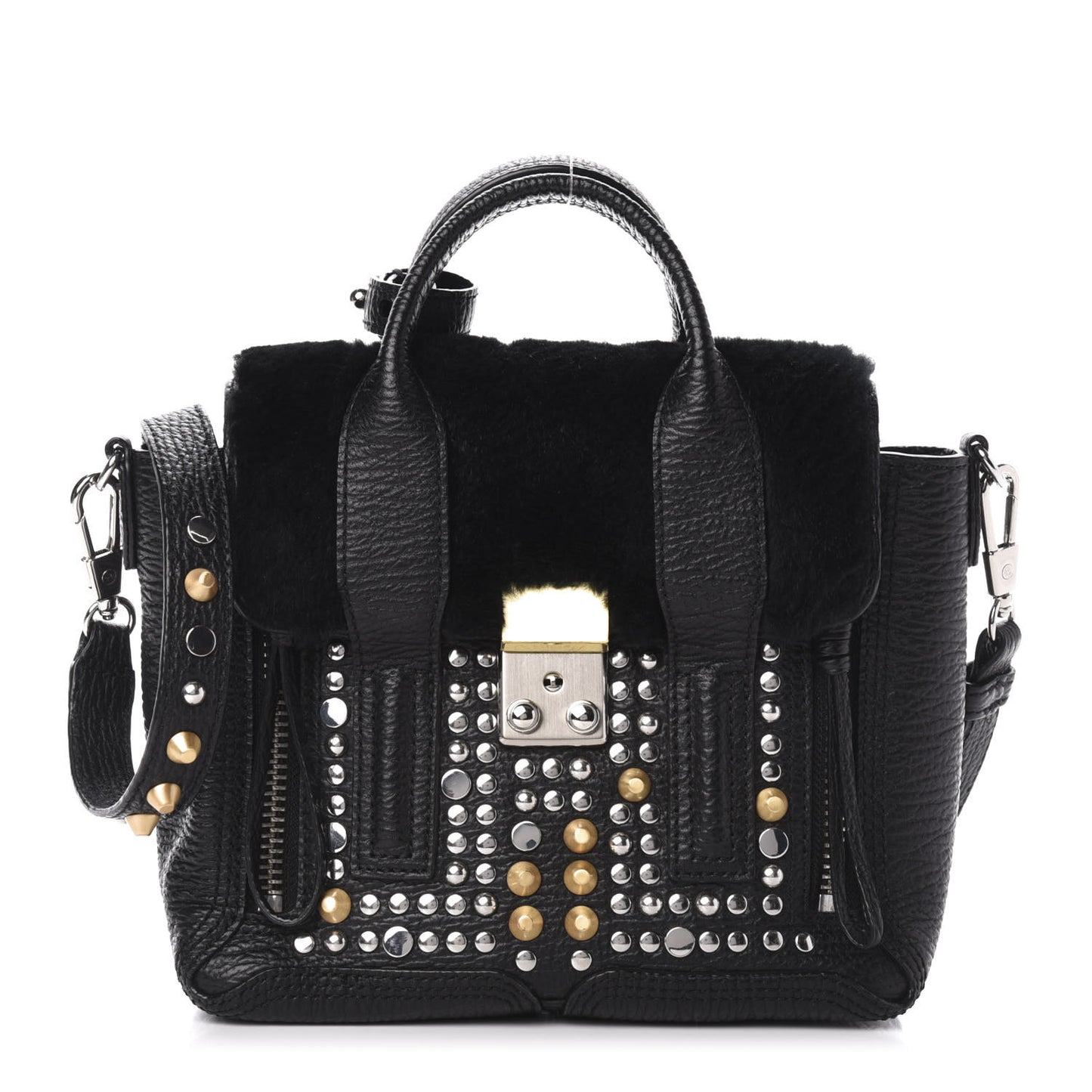 3.1 Textured Calfskin Shearling Studded Mini Pashli Satchel Black