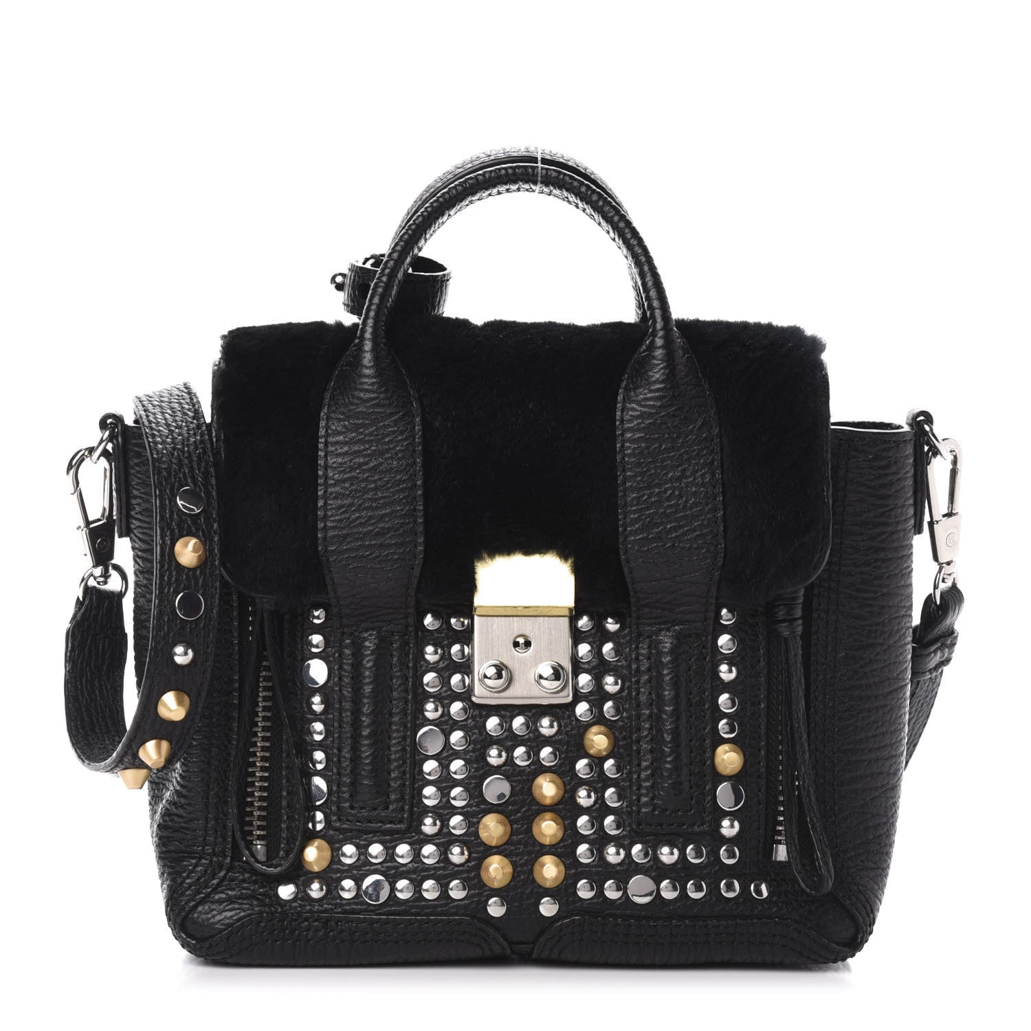 3.1 Phillip Lim 3.1 Textured Calfskin Shearling Studded Mini Pashli Satchel Black 1 of 9