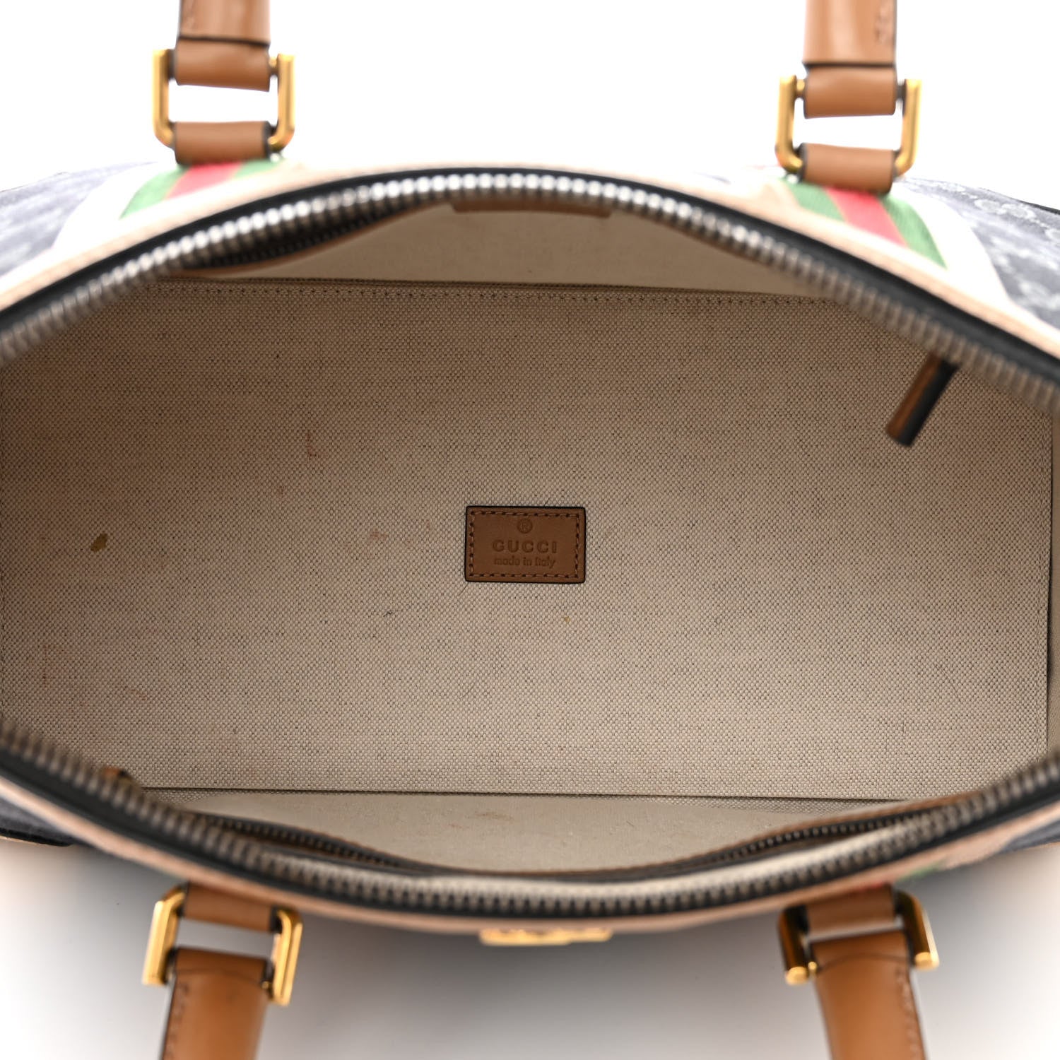 Gucci Monogram Textured Dollar Calfskin Web Medium Bauletto Duffle Top Handle Bag Black Koi Beige 6 of 15