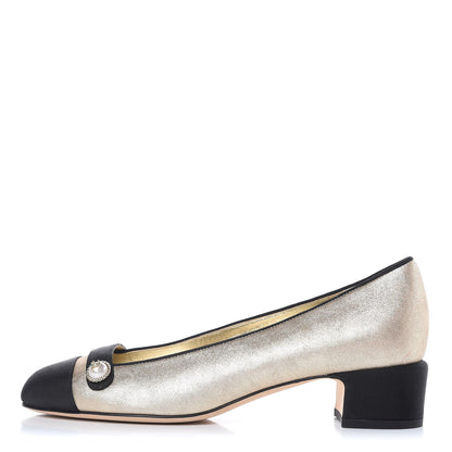 Chanel Metallic Lambskin Grosgrain Cap Toe Pearl Pumps 37.5 Gold Black 1 of 9