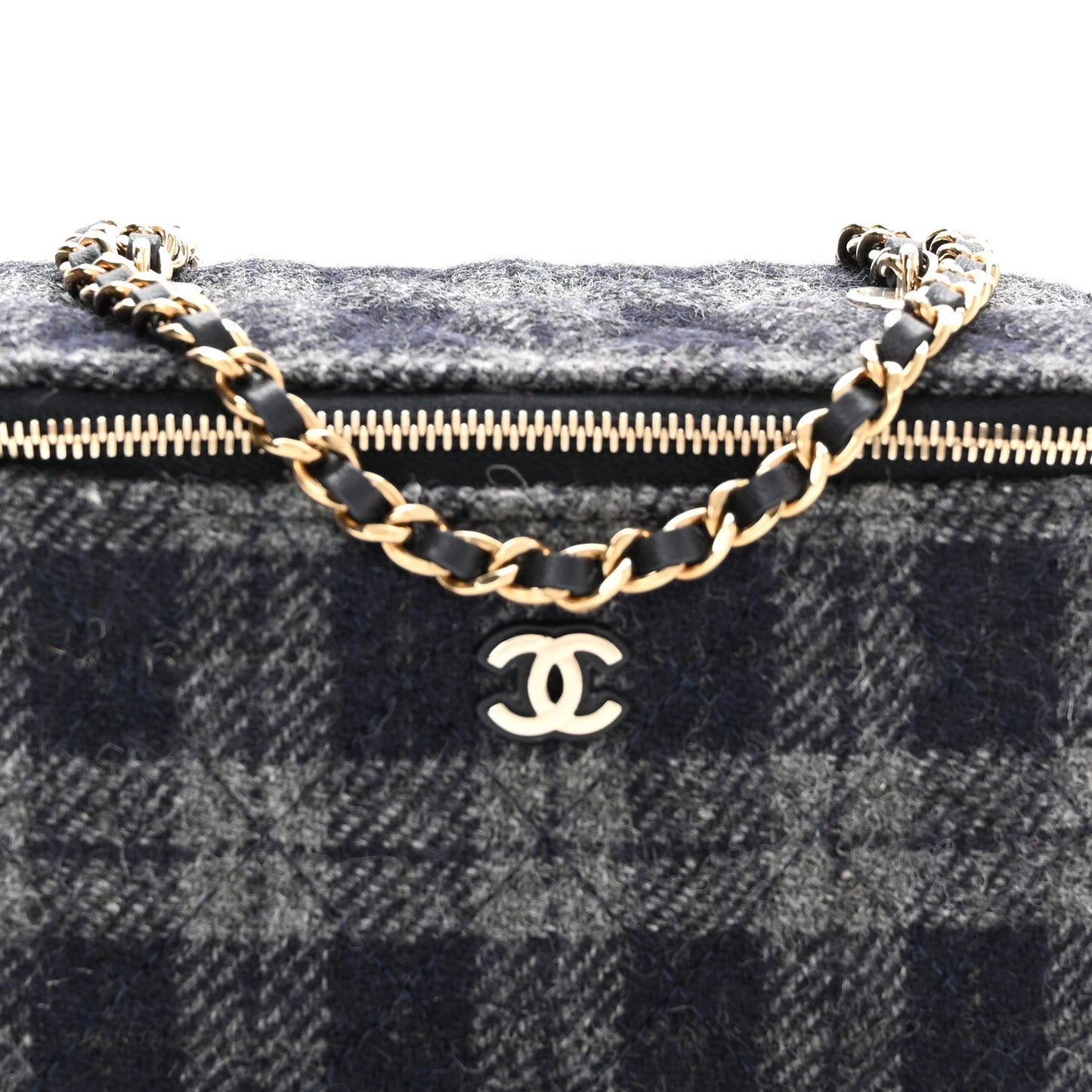 Wool Plaid Quilted Small Vanity Case With Chain Blue