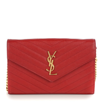 Saint Laurent Grain De Poudre Matelasse Chevron Monogram Chain Wallet Red 1 of 7