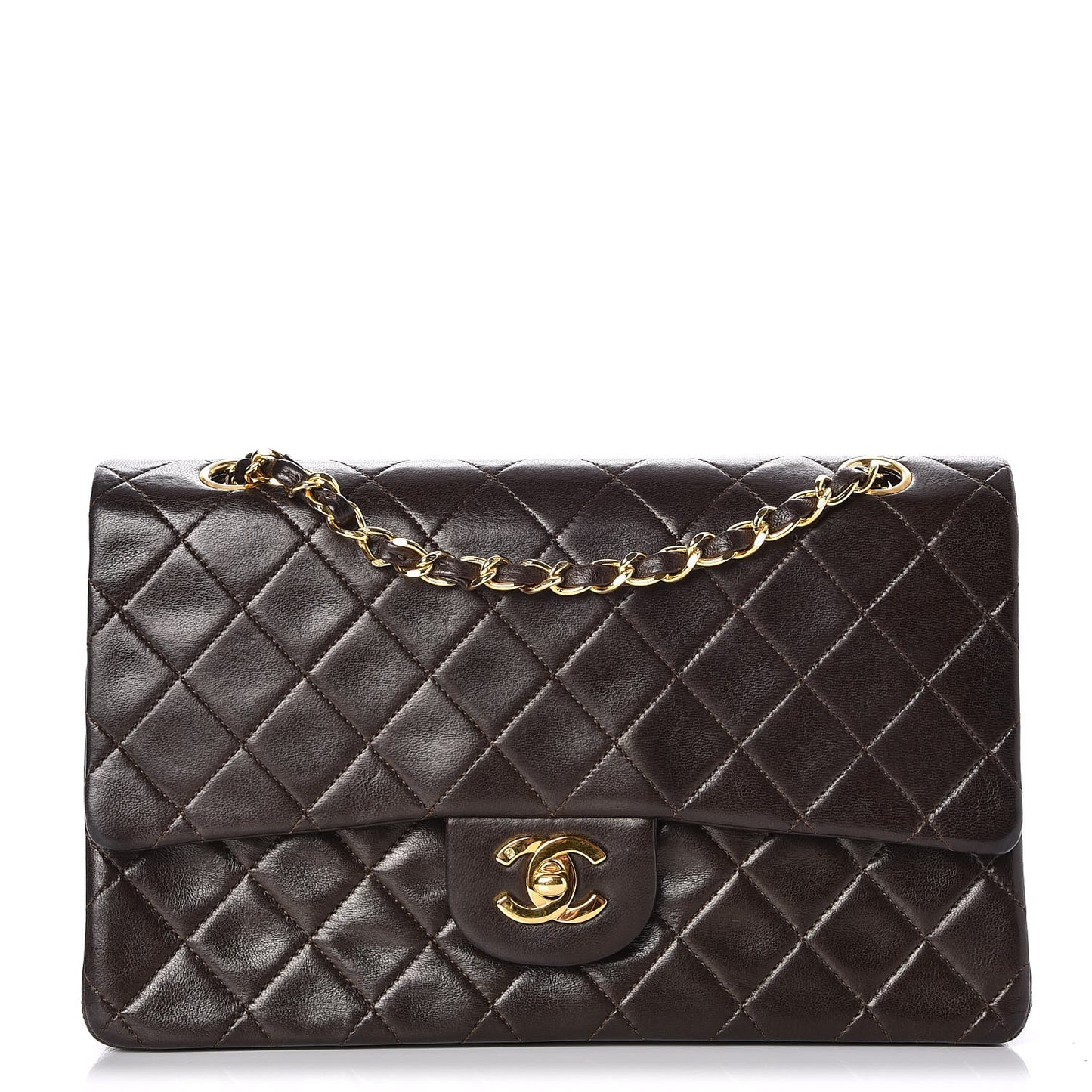 Lambskin Quilted Medium Double Flap Brown