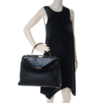 Fendi Calfskin Denim Zucca Large Peekaboo Iconic Satchel Navy 2 of 8