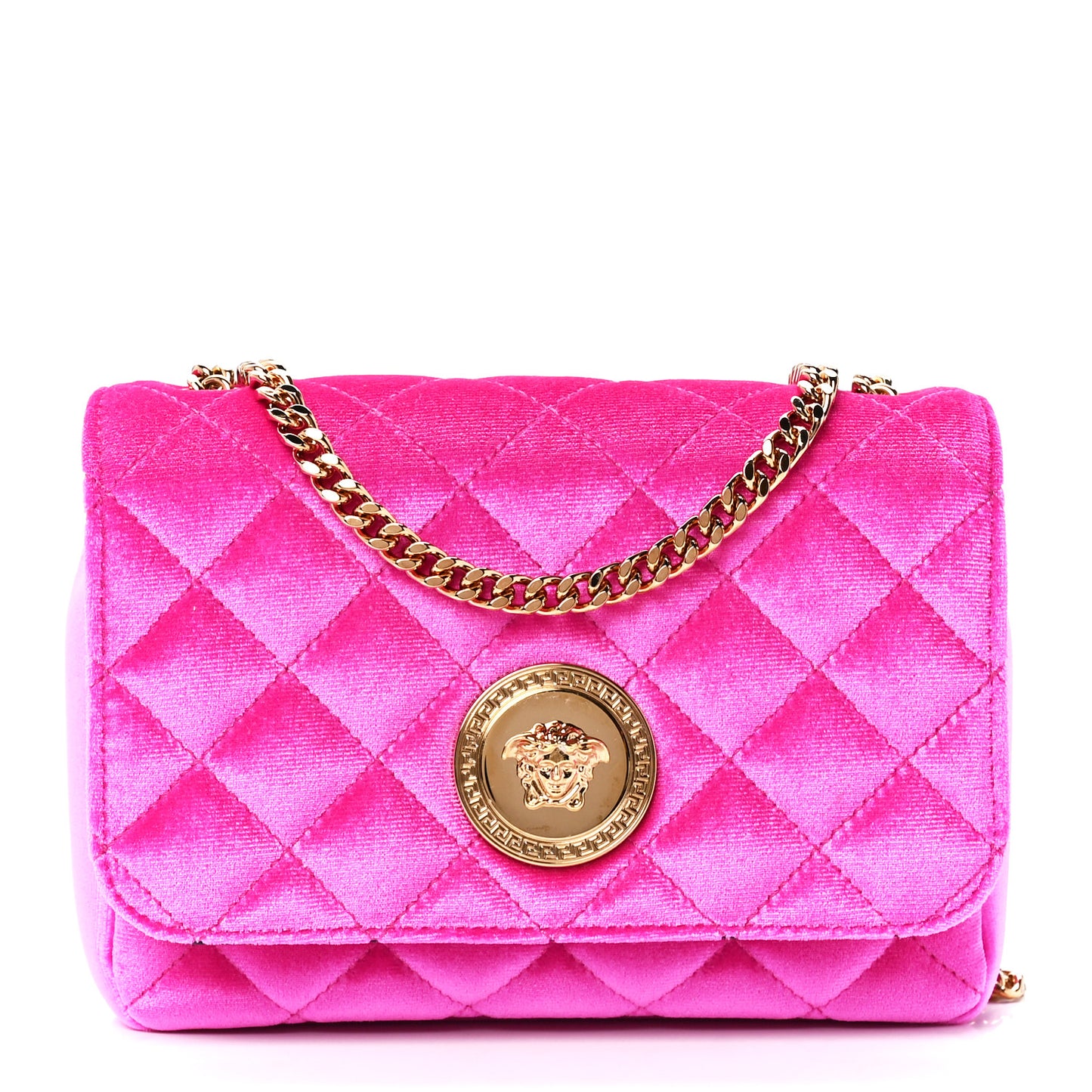 Velvet Quilted Medusa Chain Crossbody Pink