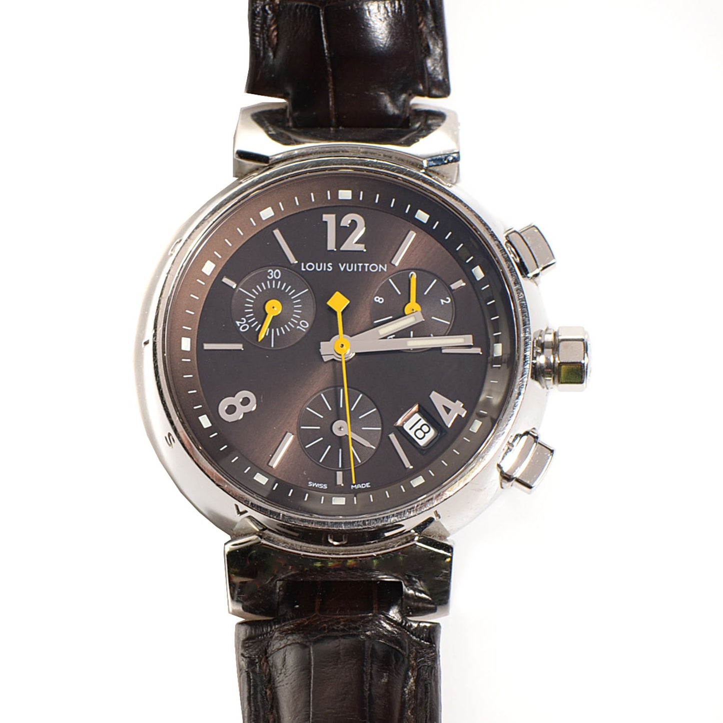 Stainless Steel Alligator 34mm Tambour Chronograph Quartz Watch Brown