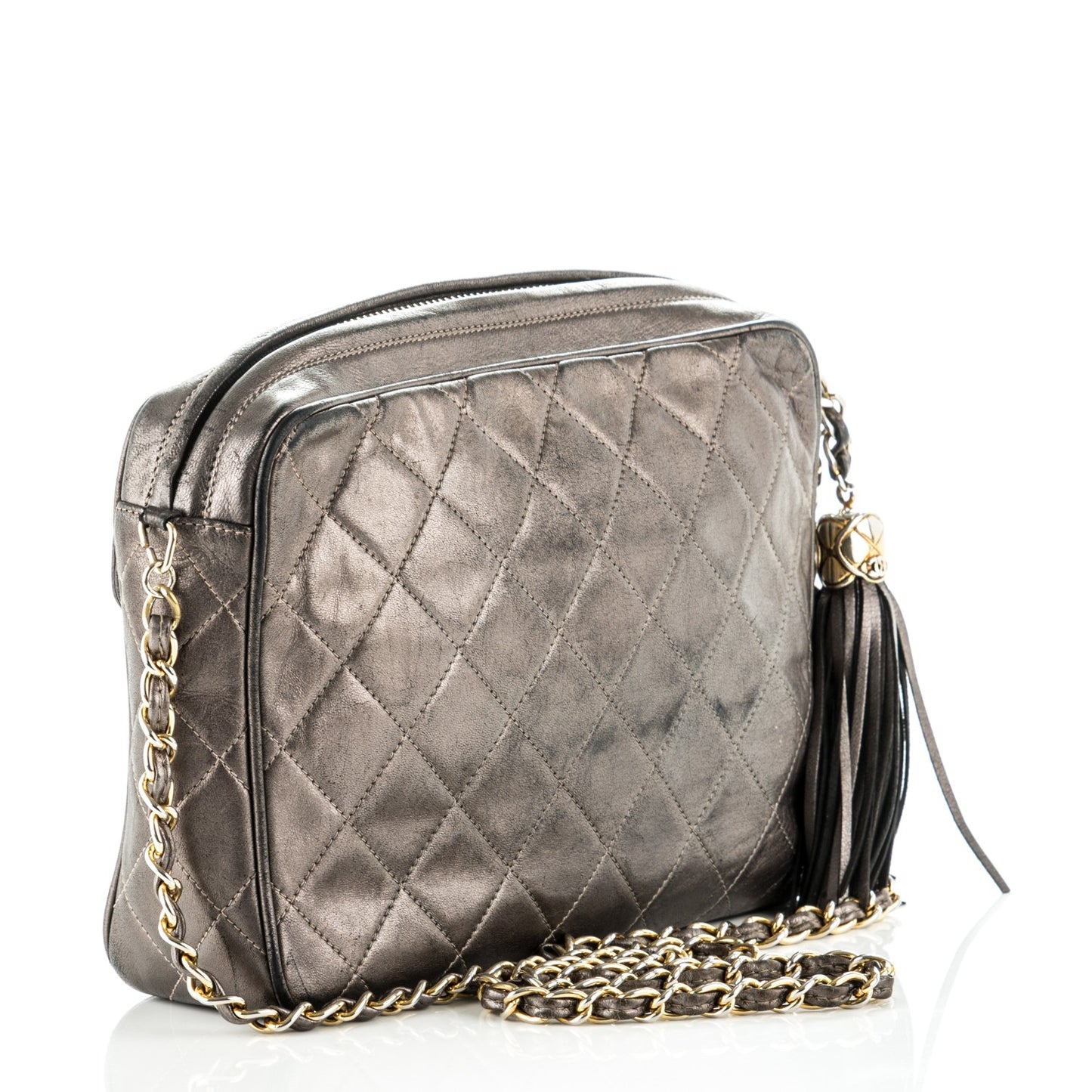 Metallic Lambskin Quilted Tassel Camera Case Dark Silver
