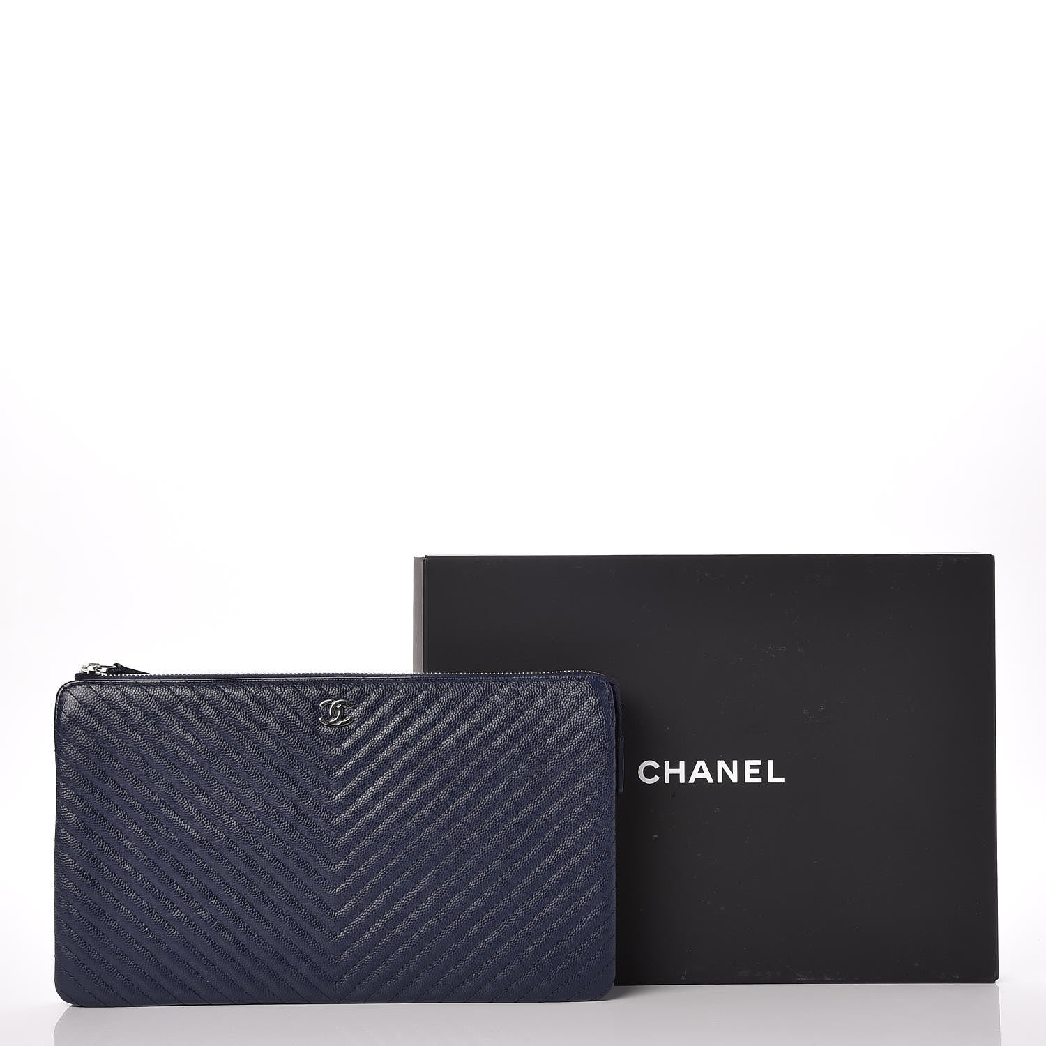 Chanel Caviar Chevron Quilted Large Zipped Clutch Navy 10 of 10