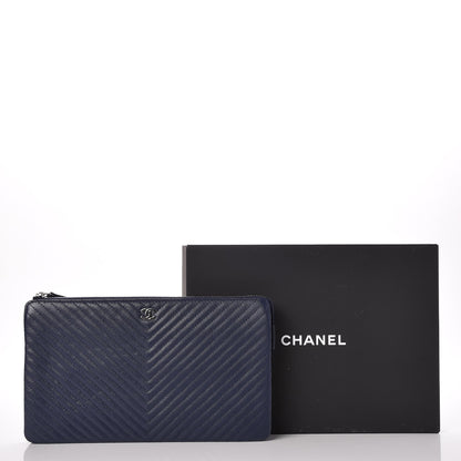 Chanel Caviar Chevron Quilted Large Zipped Clutch Navy 10 of 10
