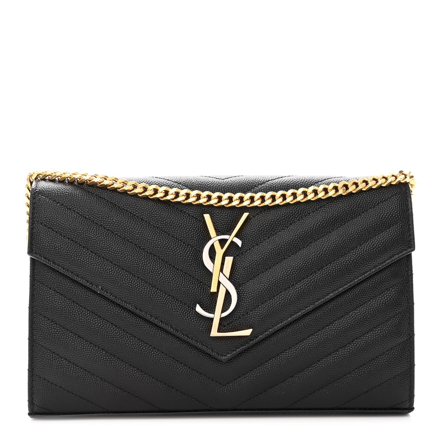 Saint Laurent Grain De Poudre Matelasse Chevron Monogram Chain Wallet Black 1 of 9