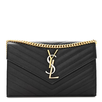 Saint Laurent Grain De Poudre Matelasse Chevron Monogram Chain Wallet Black 1 of 9