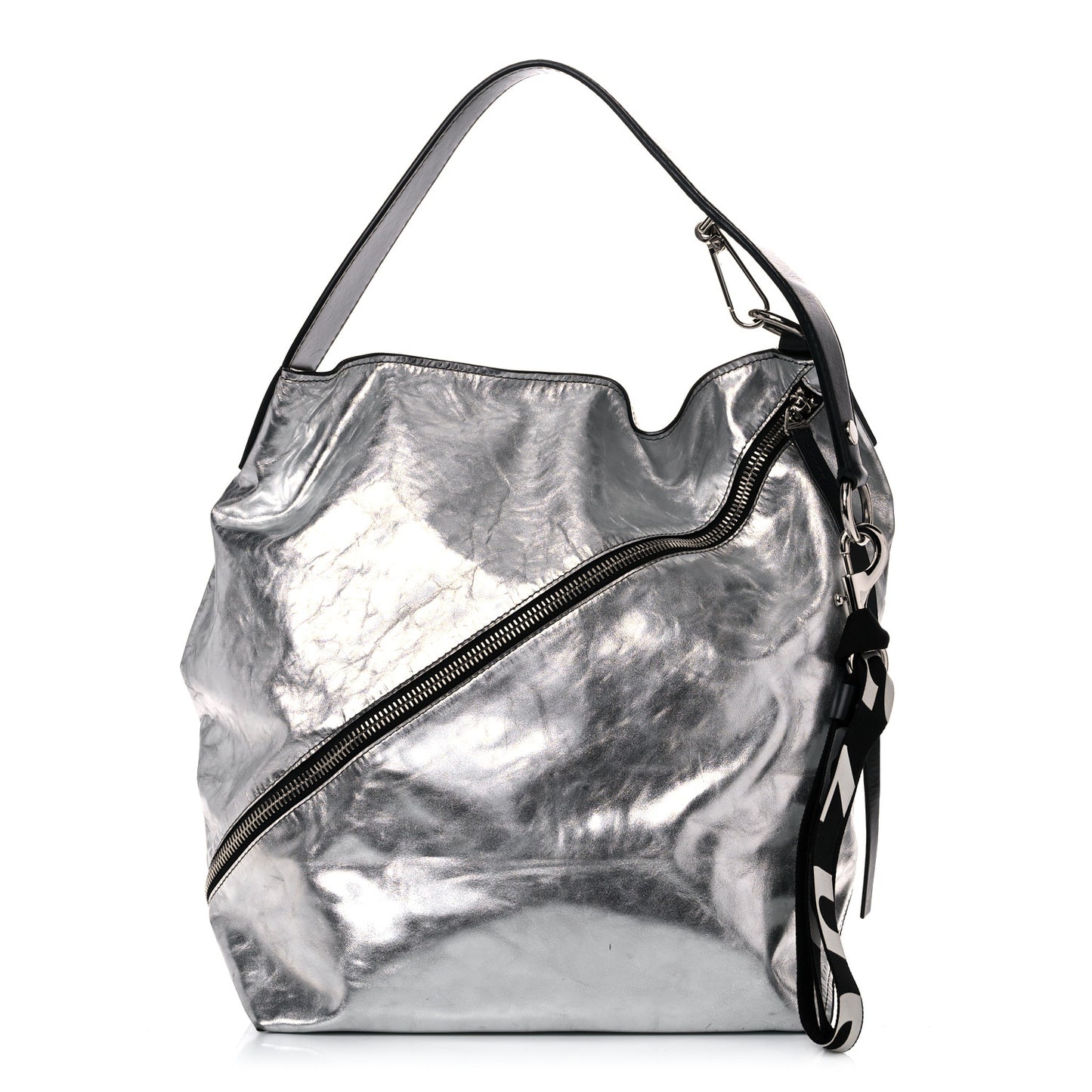 Metallic Calfskin Large Zip Hobo Silver