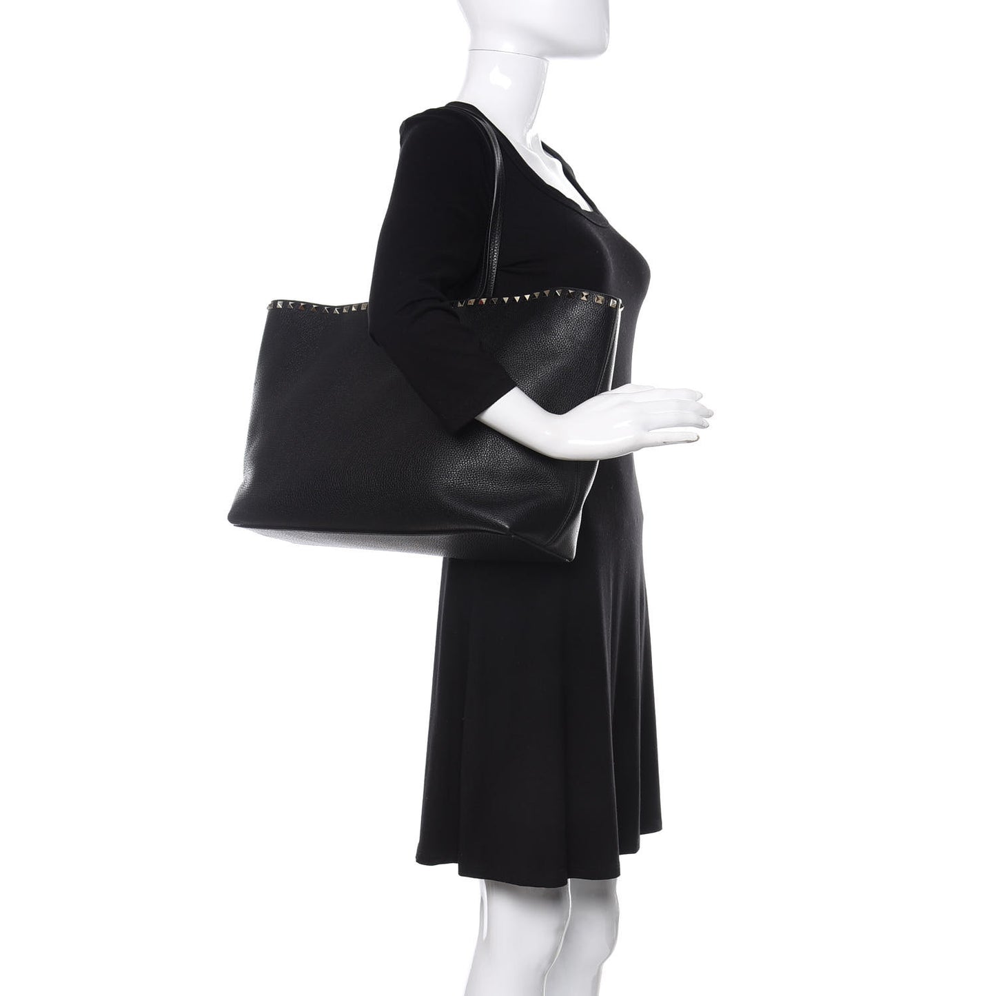 Grained Calfskin Rockstud Shoulder Tote Black