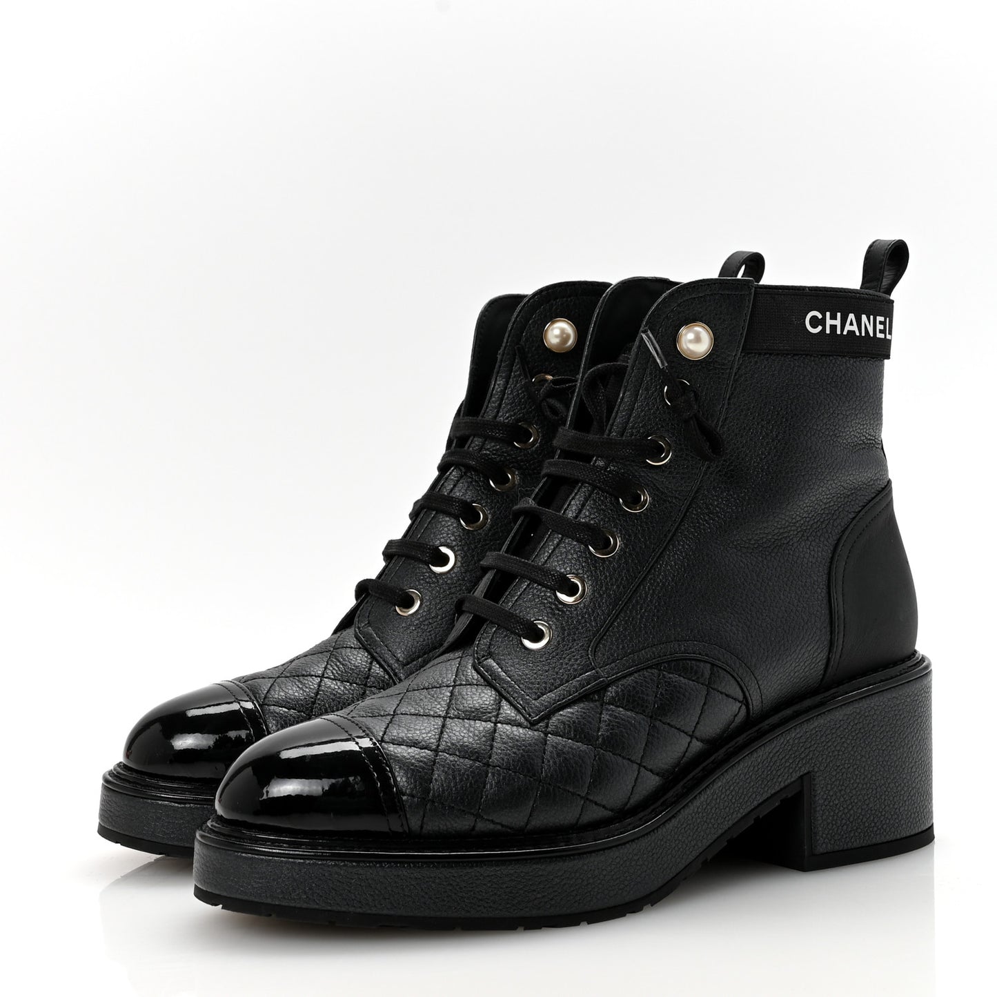 Pearly Calfskin Patent Calfskin Lace Up Combat Boots 37 Black