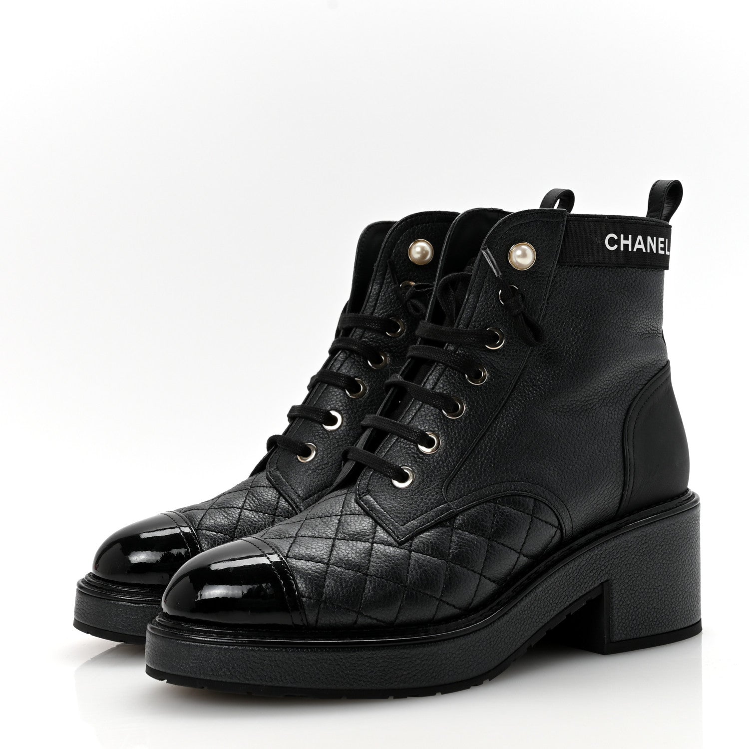 Chanel Pearly Calfskin Patent Calfskin Lace Up Combat Boots 37 Black 4 of 9