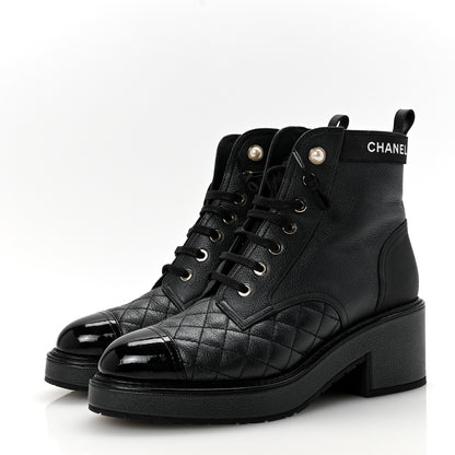 Chanel Pearly Calfskin Patent Calfskin Lace Up Combat Boots 37 Black 4 of 9