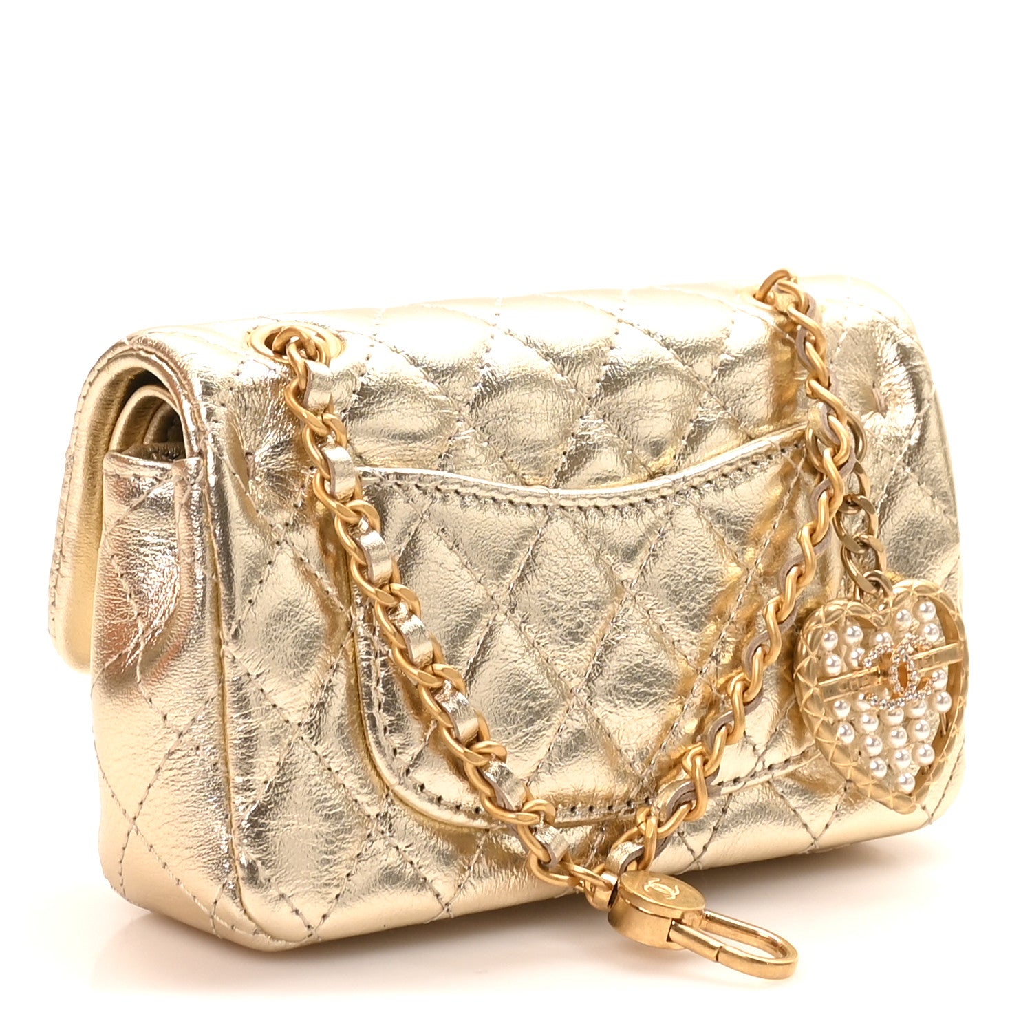 Chanel Metallic Calfskin Quilted Mini Flap Bag Charm With Hook Golden 2 of 11