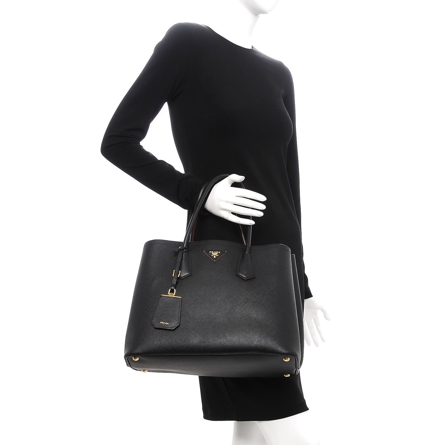 Prada Saffiano Cuir Large Double Bag Nero Black Ciliegia 2 of 18
