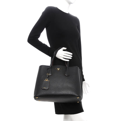 Prada Saffiano Cuir Large Double Bag Nero Black Ciliegia 2 of 18