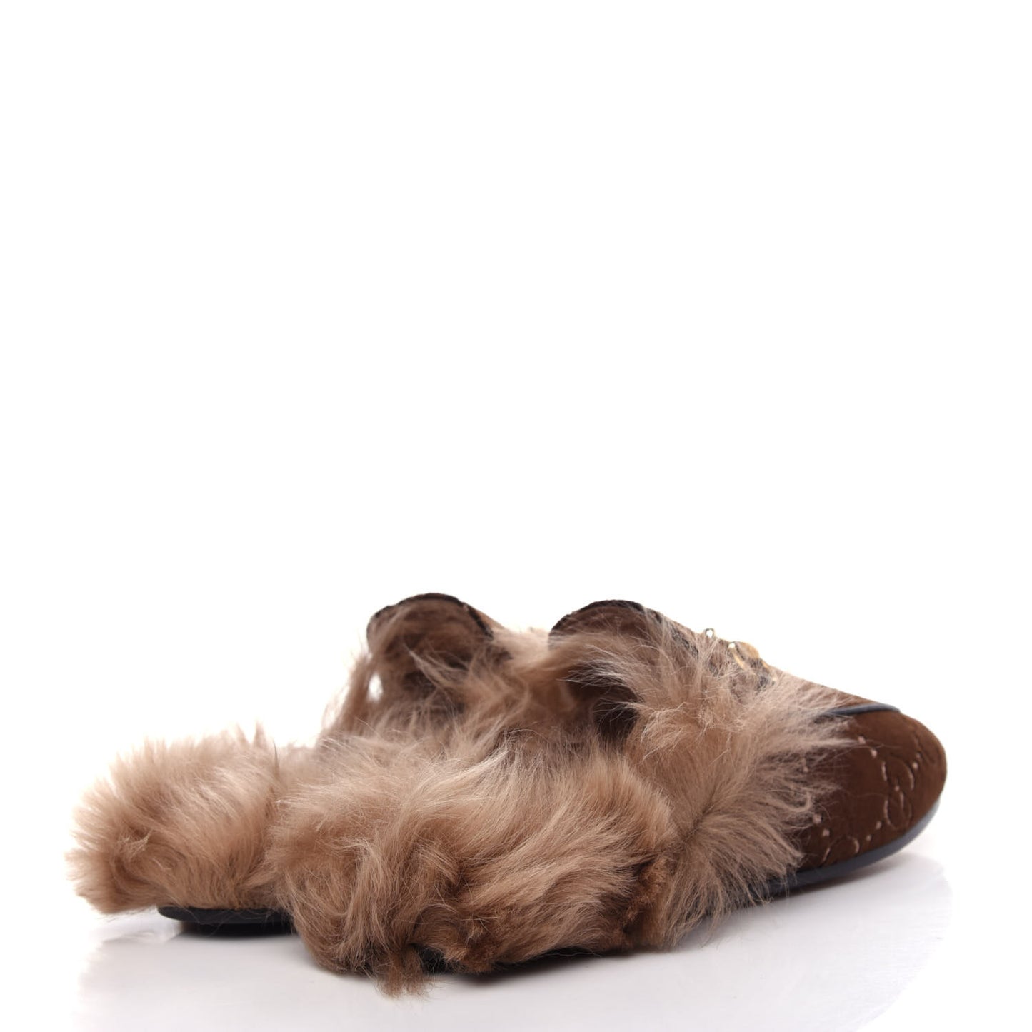 Velvet GG Monogram Fur Womens Princetown Slippers 37.5 Brown Black Natural