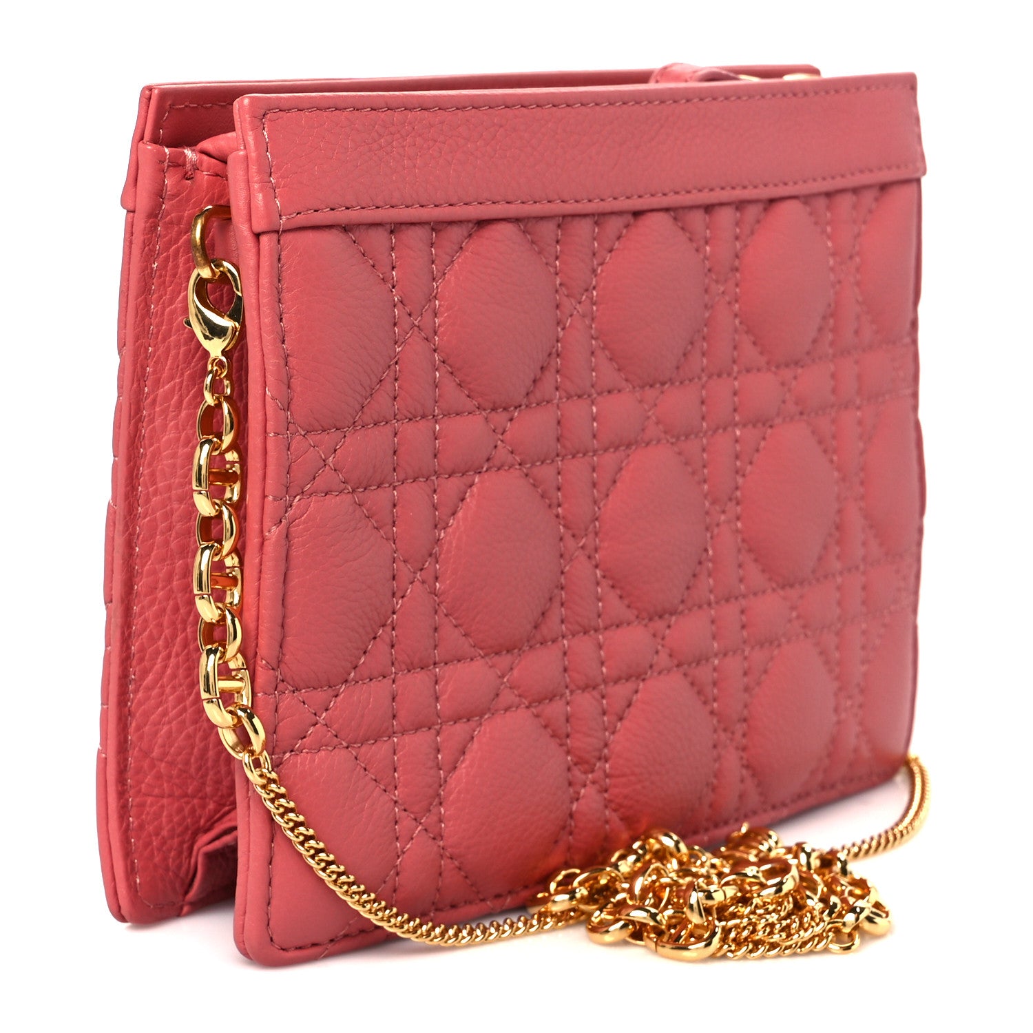 Christian Dior Calfskin Cannage Caro Zipped Pouch With Chain Coral