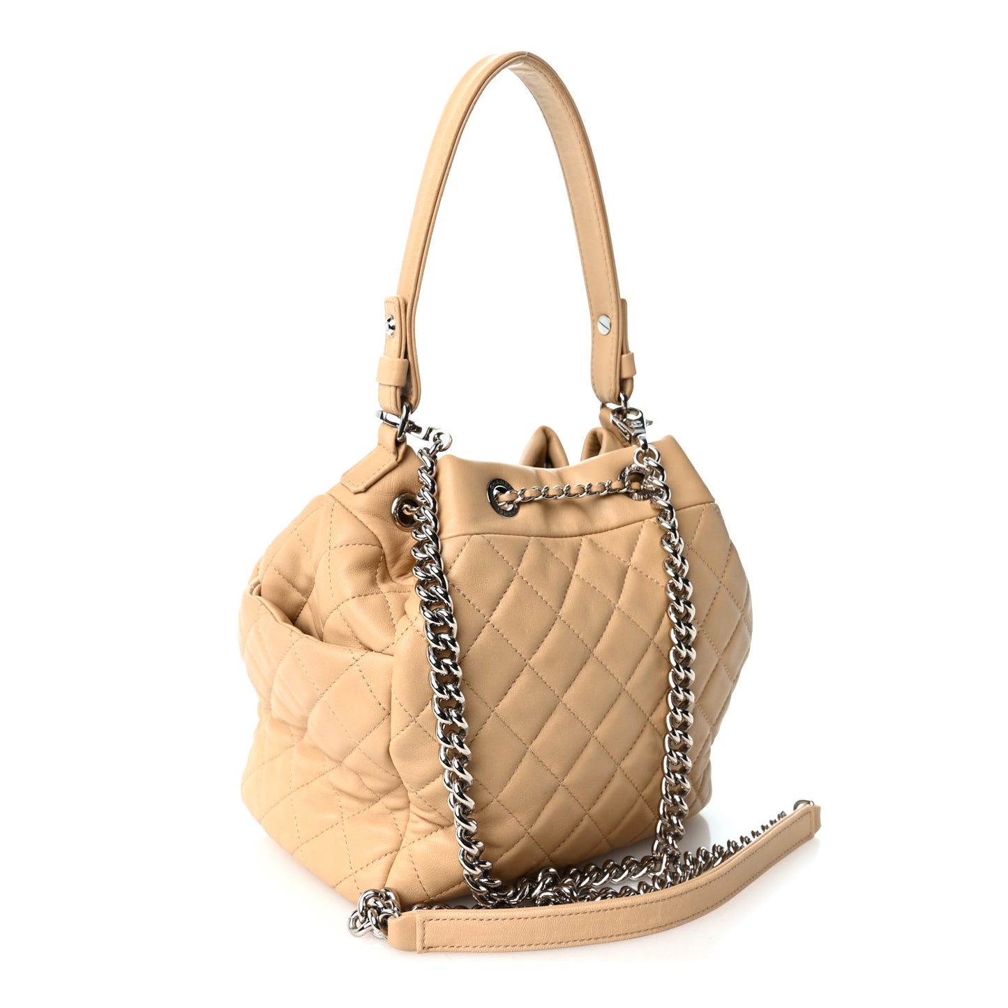 Lambskin Quilted Small CC Chain Bucket Drawstring Bag Light Beige