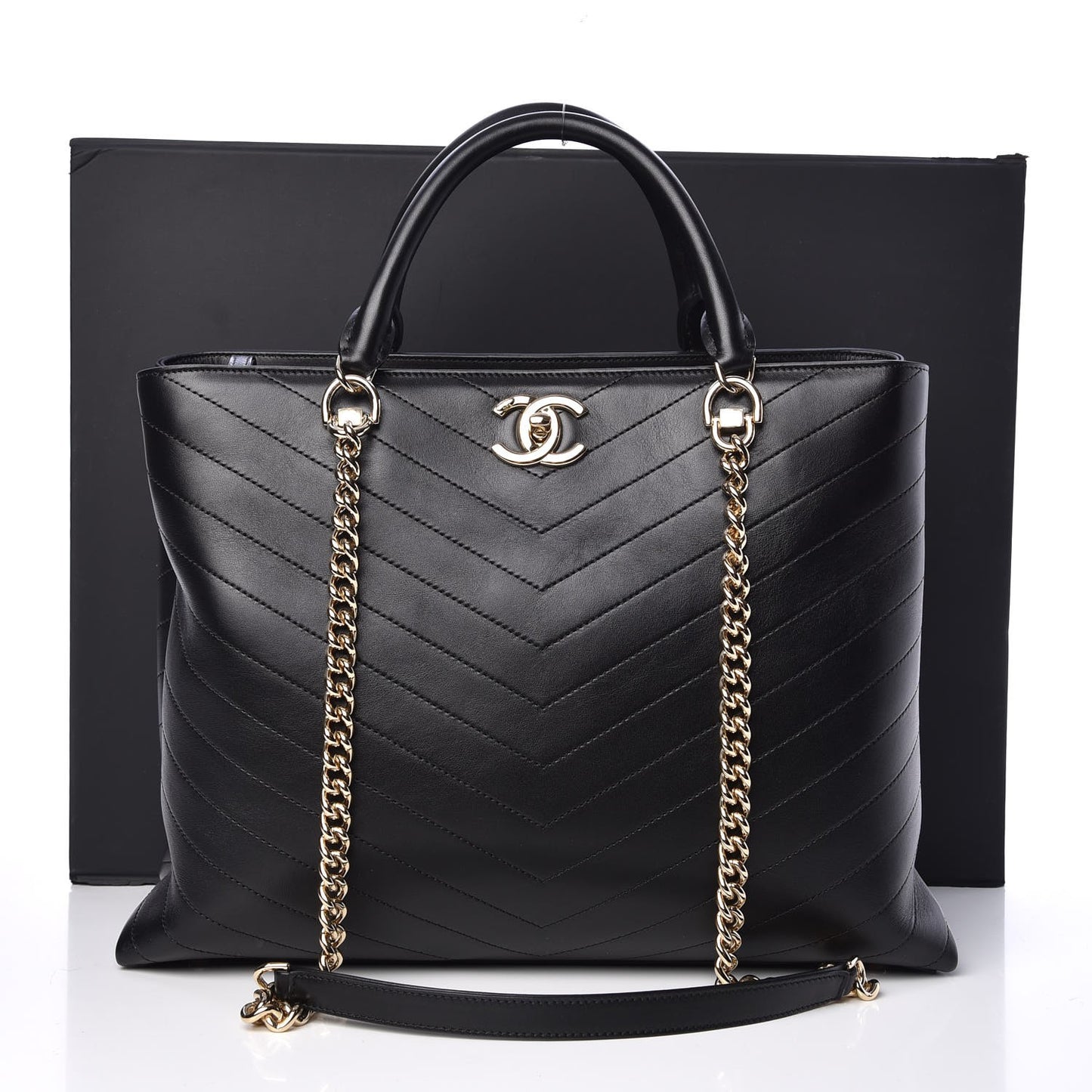 Calfskin Chevron Quilted Large Shopping Tote Black