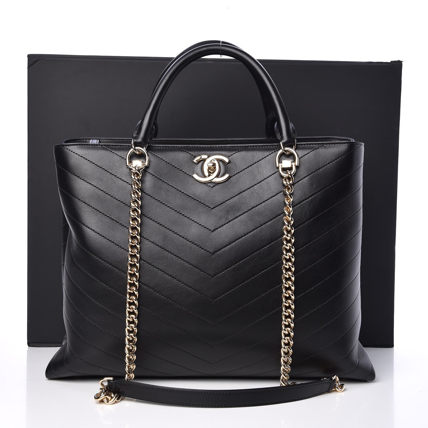 Chanel Calfskin Chevron Quilted Large Shopping Tote Black 9 of 9
