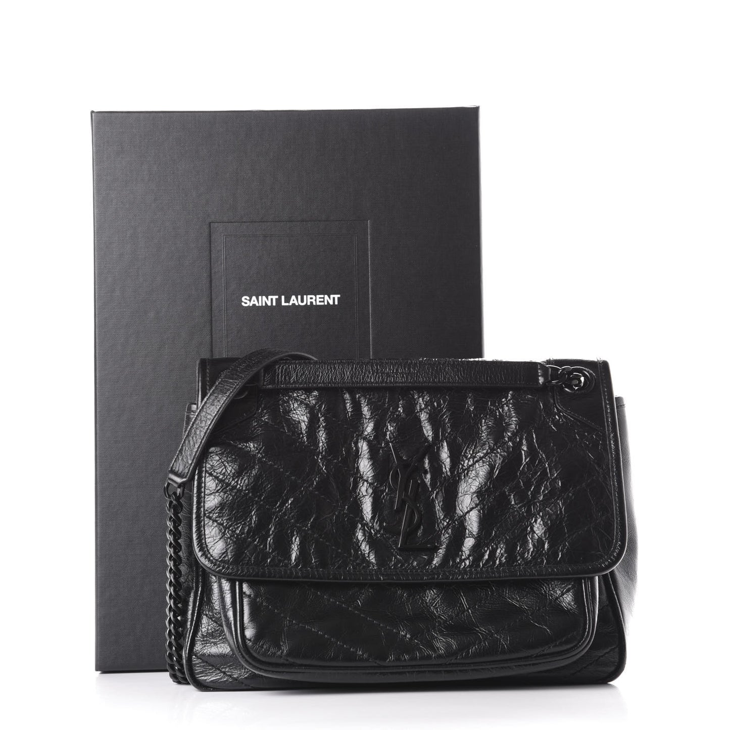 Crinkled Calfskin Matelasse Monogram Medium Niki Chain Satchel Black