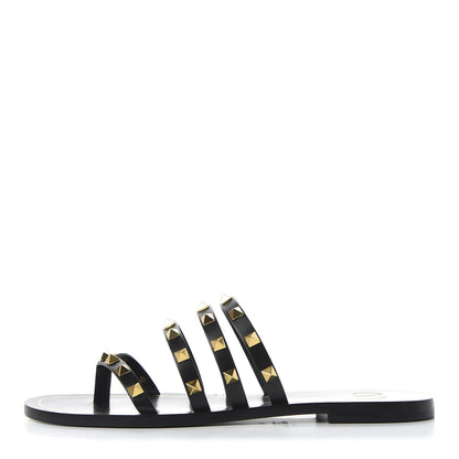 Valentino Garavani Calfskin Rockstud Flair Caged Flat Slide Sandals 39 Black 1 of 9