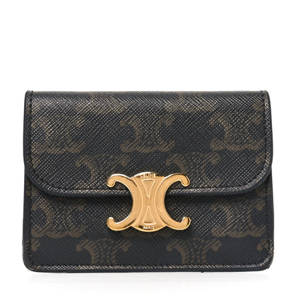 Celine Triomphe Canvas Calfskin Flap Card Holder Tan 1 of 6