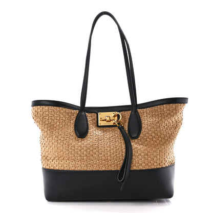 Salvatore Ferragamo Woven Raffia Calfskin The Studio Tote Beige Black 3 of 12