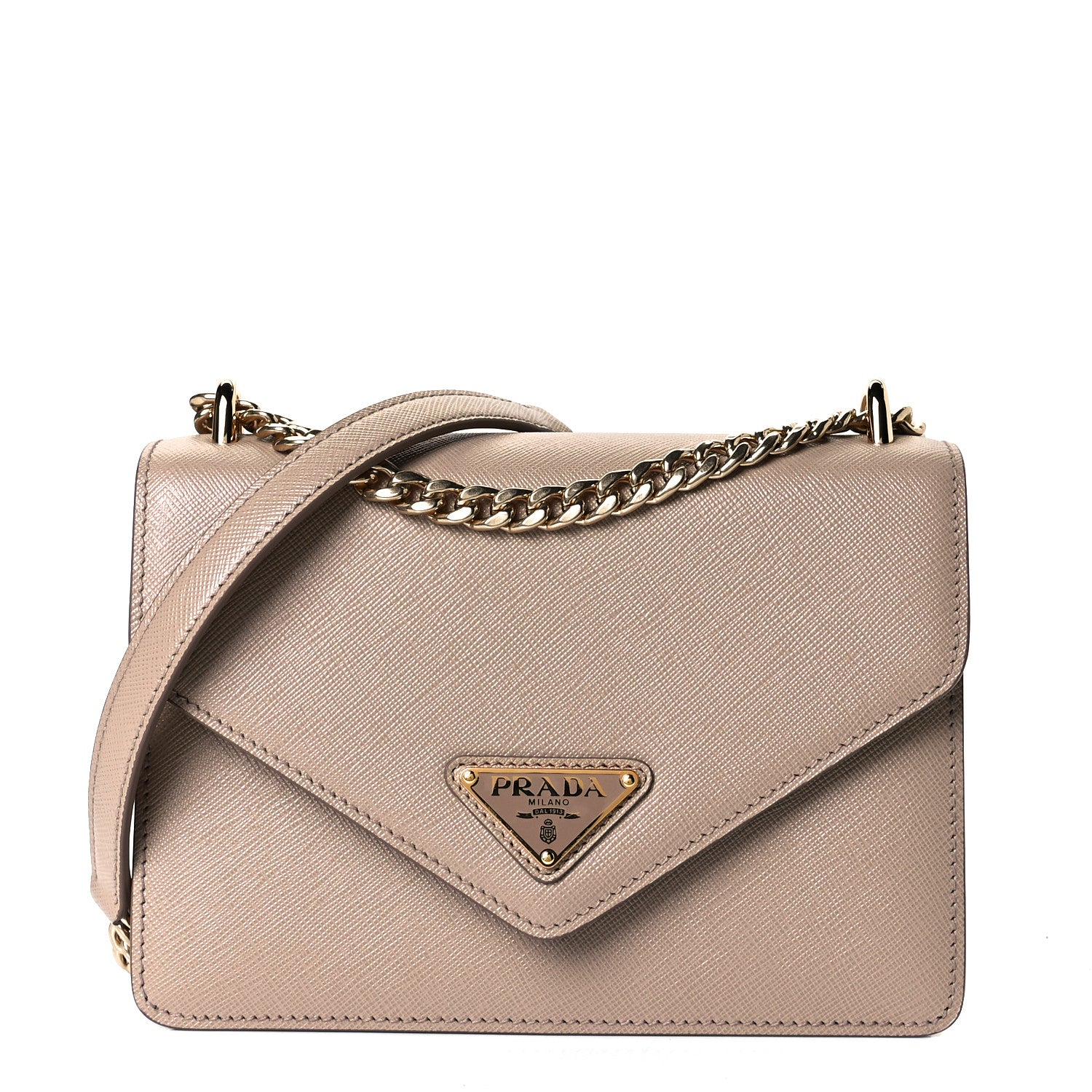 Prada Saffiano Soft Calfskin Metal Triangle Logo Envelope Chain Shoulder Bag Cammeo 1 of 6