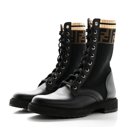 Fendi Calfskin Stretch Fabric Rockoko Biker Boots 37 Tobacco Black Marino 3 of 9