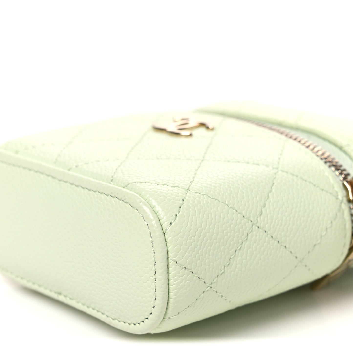 Caviar Quilted Small Handle With Care Vanity Case With Chain Light Green
