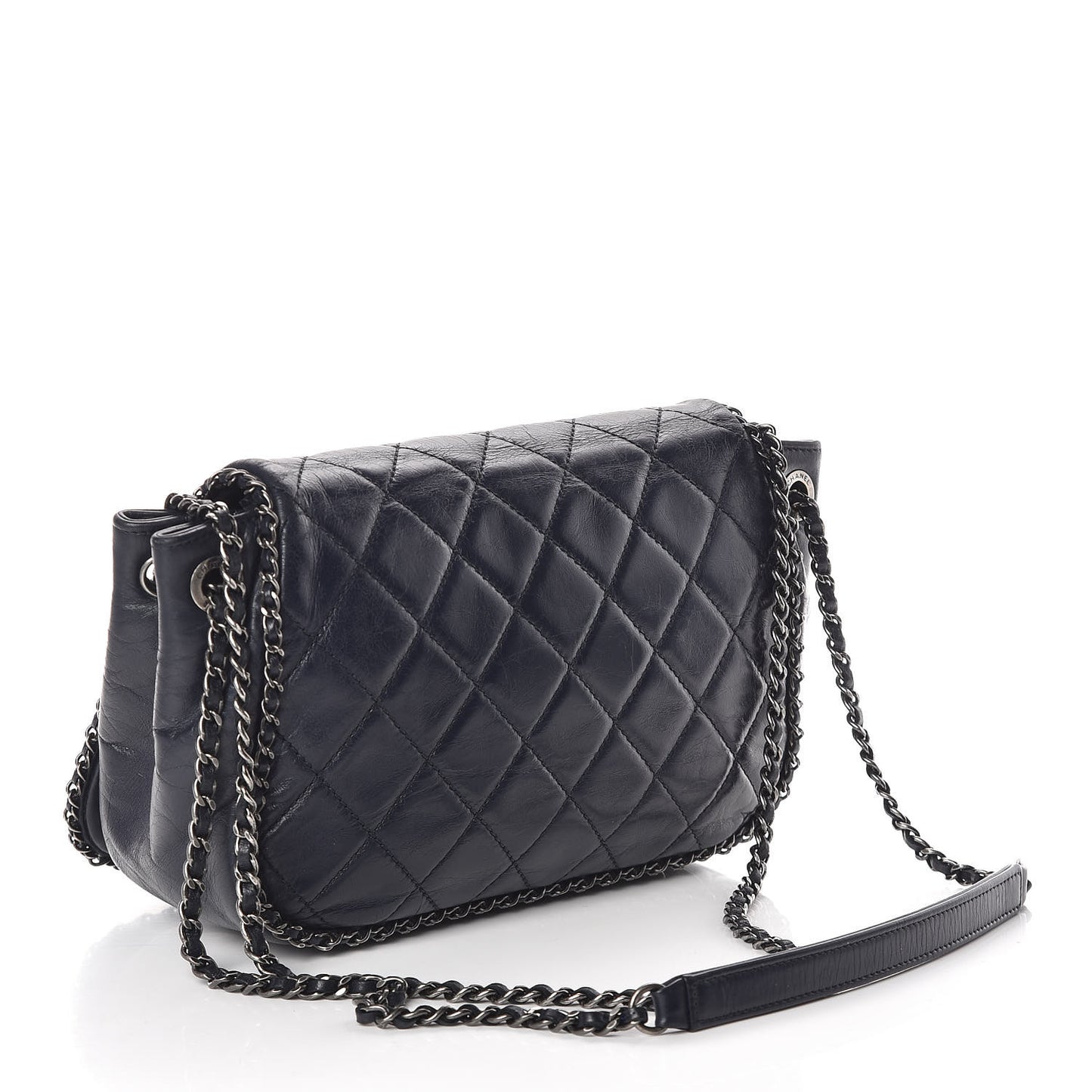Glazed Calfskin Quilted Small CC Enchained Accordion Flap Dark Navy Blue