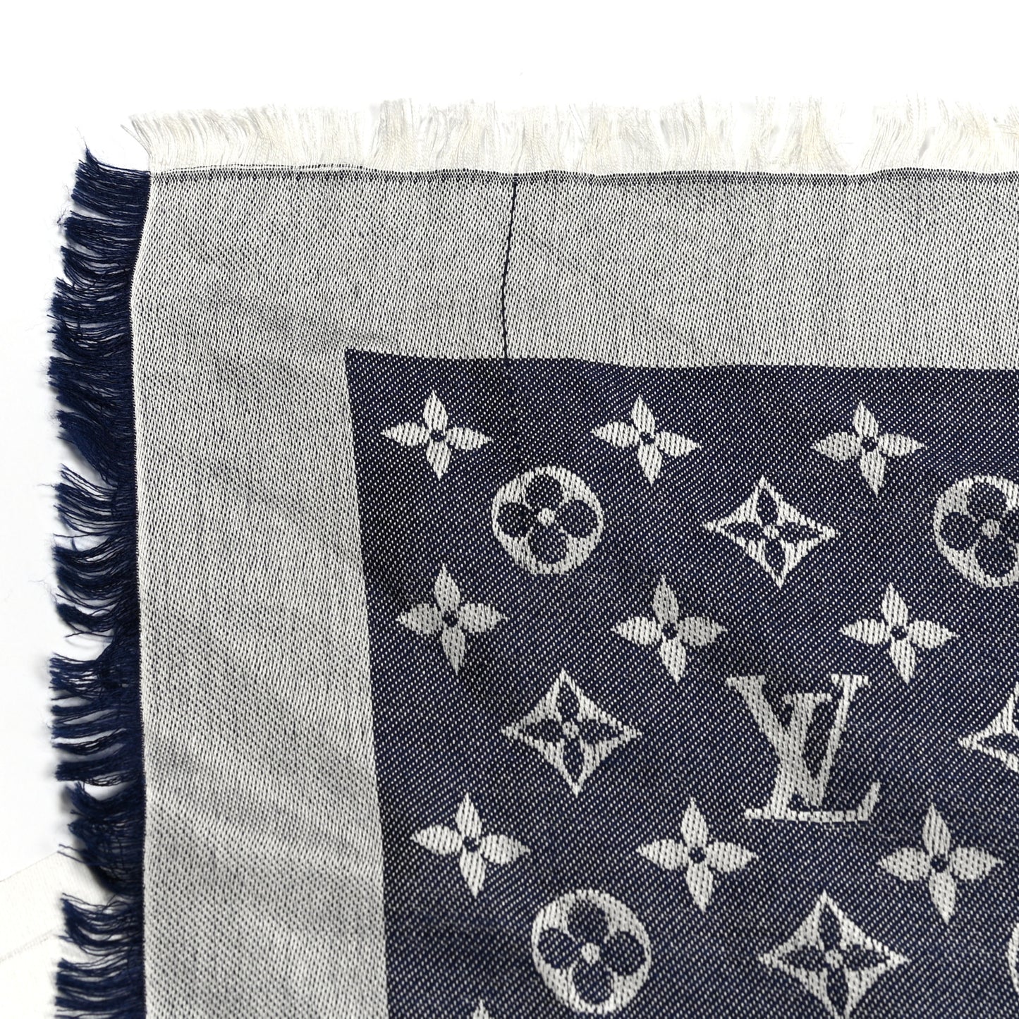 Silk Wool Monogram Denim Shawl Blue