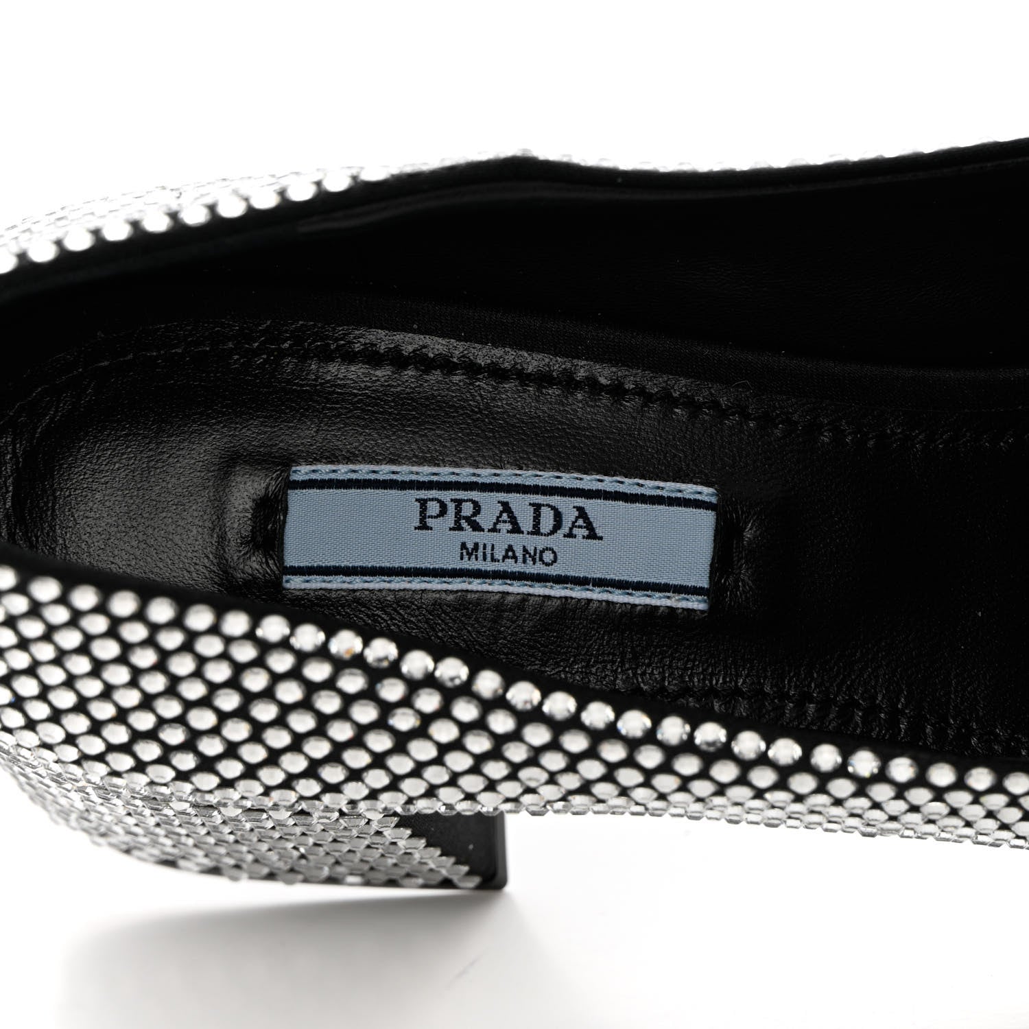 Prada Satin Crystal Metal Triangle Logo 45mm Block Heel Loafers 37.5 Cristal 6 of 10